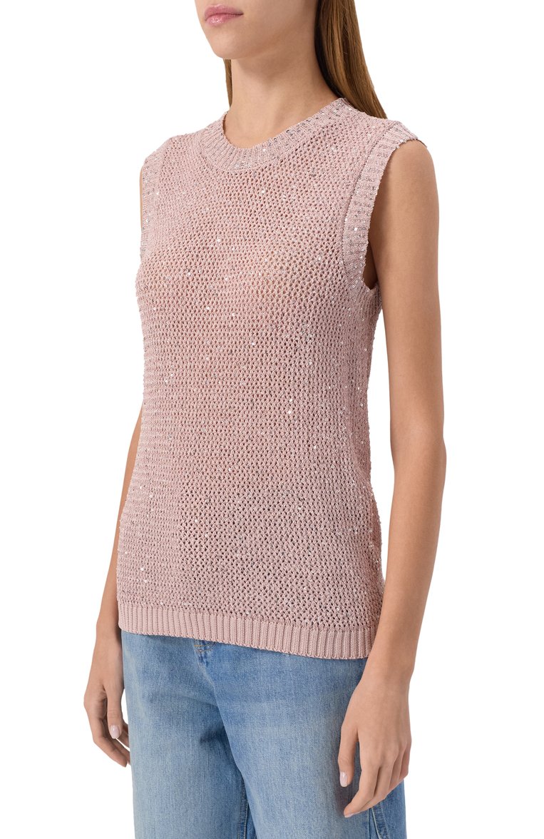 Женский топ с отделкой пайетками GOLDEN GOOSE DELUXE BRAND светло-розового цвета, арт. GWP01922.P001691 | Фото 3 (Материал внешний: Синтетический материал; Длина (для топов): Стандартные; Кросс-КТ: Трикотаж; Рукава: Без рукавов; Стили: Гламурный)