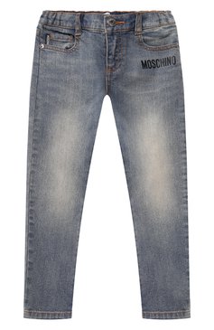 Детские джинсы MOSCHINO синего цвета, арт. HUP040/LXE16/10A-14A | Фото 1 (Материал внешний: Хлопок; Нос: Не проставлено; Детали: Потертости; Материал сплава: Проставлено; Ростовка одежда: 10 - 11 лет | 140 - 146см, 12 лет | 152 см)