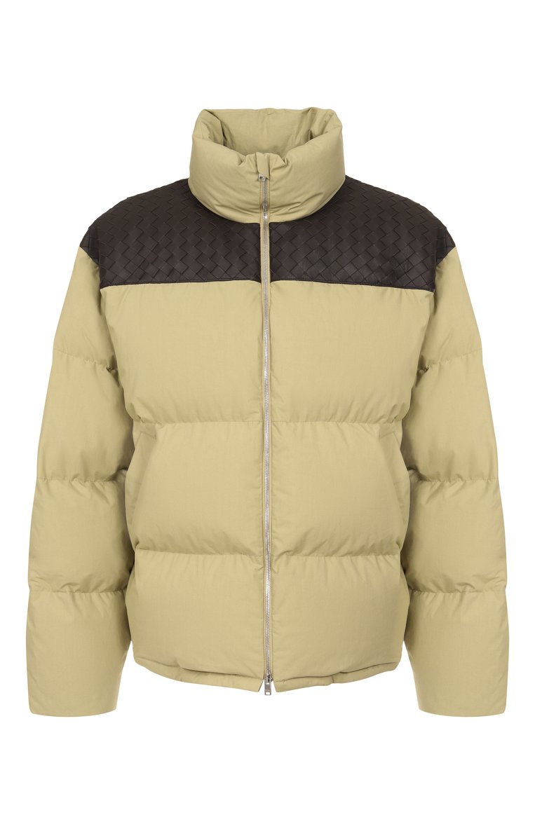 Мужская пуховик BOTTEGA VENETA светло-зеленого цвета, арт. 815198/V1LE0 | Фото 1 (Рукава: Дл�инные; Материал внешний: Хлопок; Материал подклада: Хлопок; Длина (верхняя одежда): Короткие; Мужское Кросс-КТ: пуховик-короткий; Кросс-КТ: Пуховик; Стили: Кэжуэл)