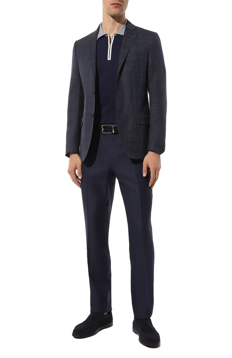 Мужские брюки �из шерсти и льна ZEGNA темно-синего цвета, арт. 718F13A7/75TB12 | Фото 2 (Материал внешний: Лен, Шерсть; Длина (брюки, джинсы): Стандартные; Случай: Повседневный, Формальный; Стили: Кэжуэл; Автоматизация ТО: Проставлено; Автоматизация состава: Проставлено)