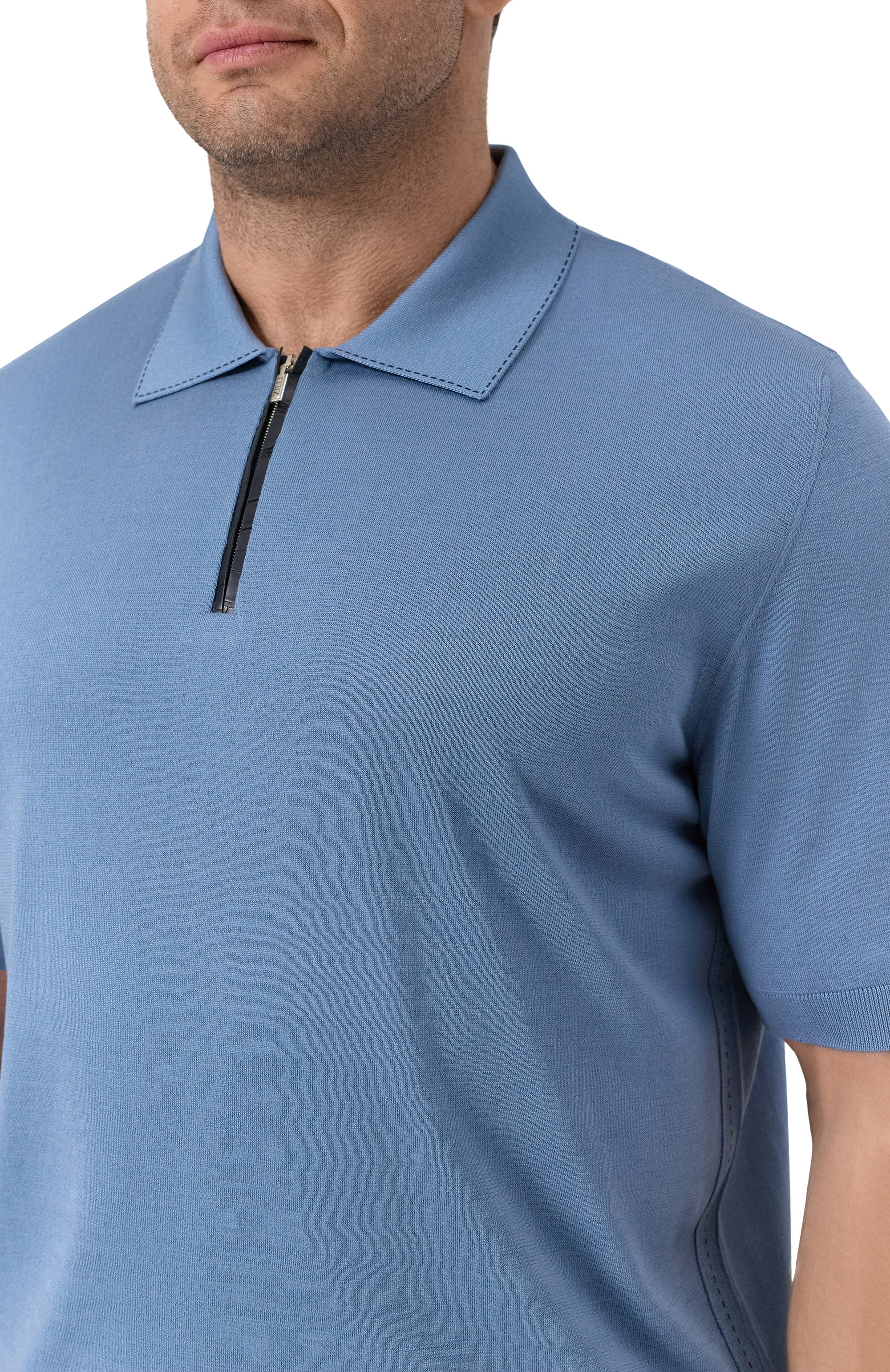 Поло с отделкой из кожи аллигатора ZILLI голубого цвета по цене 194000 руб., арт. KZP002M0143VRIS00/62-64, фото 5 Поло с отделкой из кожи аллигатора ZILLI, арт. KZP002M0143VRIS00/62-64, фото 5