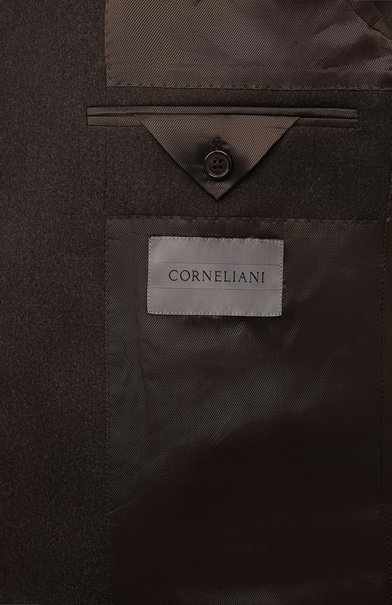 Мужской шерстяной костюм CORNELIANI темно-коричневого цвета, арт. 926005-925005/3818111 | Фото 9 (Драгоценные камни: Проставлено; Рукава: Длинные; Материал сплава: Проставлено; Материал внешний: Шерсть; Костюмы М: Однобортный; Стили: Классический; Материал подклада: Купро)