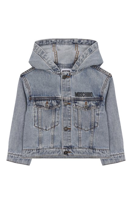 Детского джинсовая куртка MOSCHINO голубого цвета, арт. HUS052/L0E08/4-8 | Фото 1 (Драгоценные камни: Проставлено; Материал внешний: Хлопок; �Рукава: Длинные; Материал сплава: Проставлено)