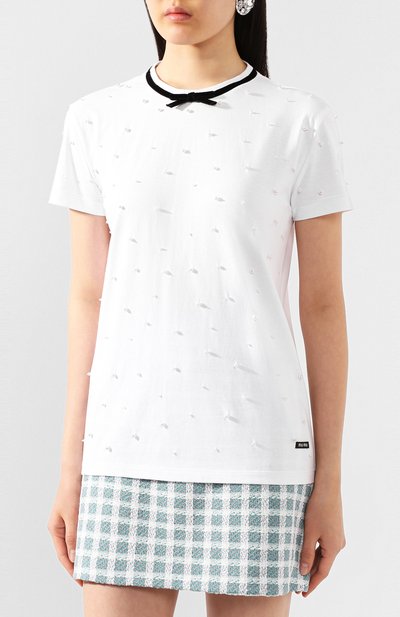 Хлопковая футболка MIU MIU белого цвета по цене 66000 руб., арт. MJN174-1V0F-F0009, фото 3 Хлопковая футболка MIU MIU, арт. MJN174-1V0F-F0009, фото 3