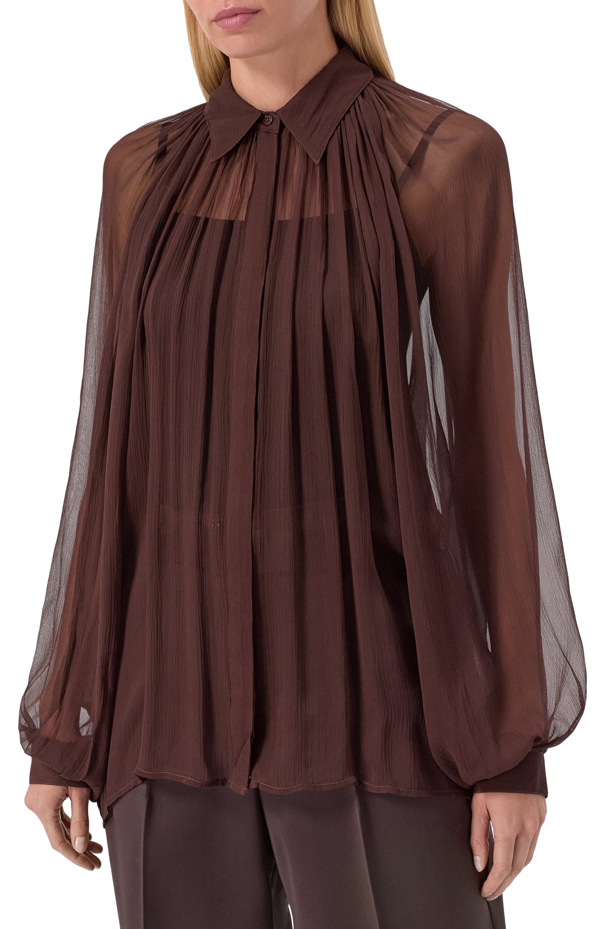 Шелковая блузка JACOB LEE коричневого цвета по цене 99500 руб., арт. WSB2015AW25BW, фото 3 Шелковая блузка JACOB LEE, арт. WSB2015AW25BW, фото 3