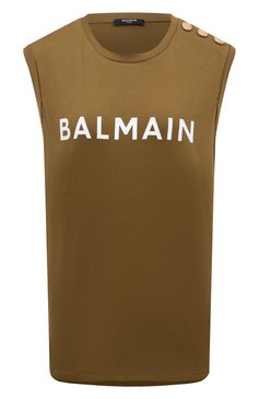 Женская хлопковая майка BALMAIN хаки цвета, арт. AF1ED000BB02 | Фото 1 (Женское Кросс-КТ: Майка-одежда; Длина (для топов): Стандартные; Материал сплава: Проставлено; Материал внешний: Хлопок; Стили: Спорт-шик; Драгоценные камни: Проставлено)