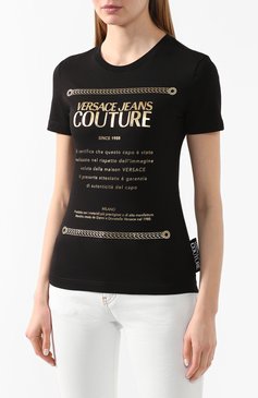 Женская хлопковая футболка VERSACE JEANS COUTURE черного цвета, арт. B2HVA7T1-VDP608 48 F0IL/30320 | Фото 3 (Женское Кросс-КТ: Футболка-одежда; Рукава: Короткие; Материал внешний: Хлопок; Длина (д�ля топов): Стандартные; Стили: Гламурный, Кэжуэл; Принт: С принтом; Материал сплава: Проставлено; Драгоценные камни: Проставлено)