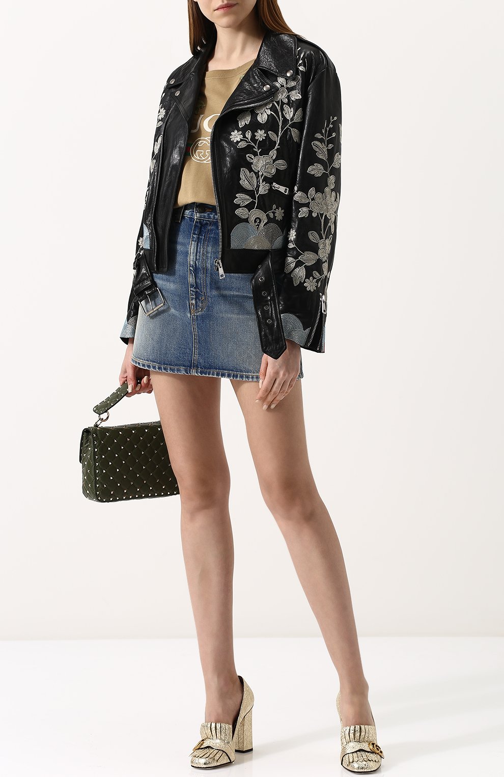 Кожаная куртка с косой молнией и контрастной вышивкой GUCCI, арт. 502642/XG556, фото 2