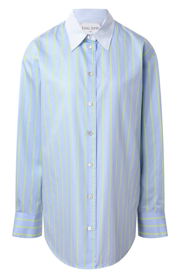 Женская хлопковая рубашка FORTE_FORTE голубого цвета, арт. 13610_MY SHIRT | Фото 1 (Длина (для топов): Удлиненные; Драгоценные камни: Проставлено; Рукава: Длинные; Материал сплава: Проставлено; Женское Кросс-КТ: Рубашка-одежда; Кросс-КТ: костюм; Принт: Полоска, С принтом; Стили: Классический; Материал внешний: Хлопок)