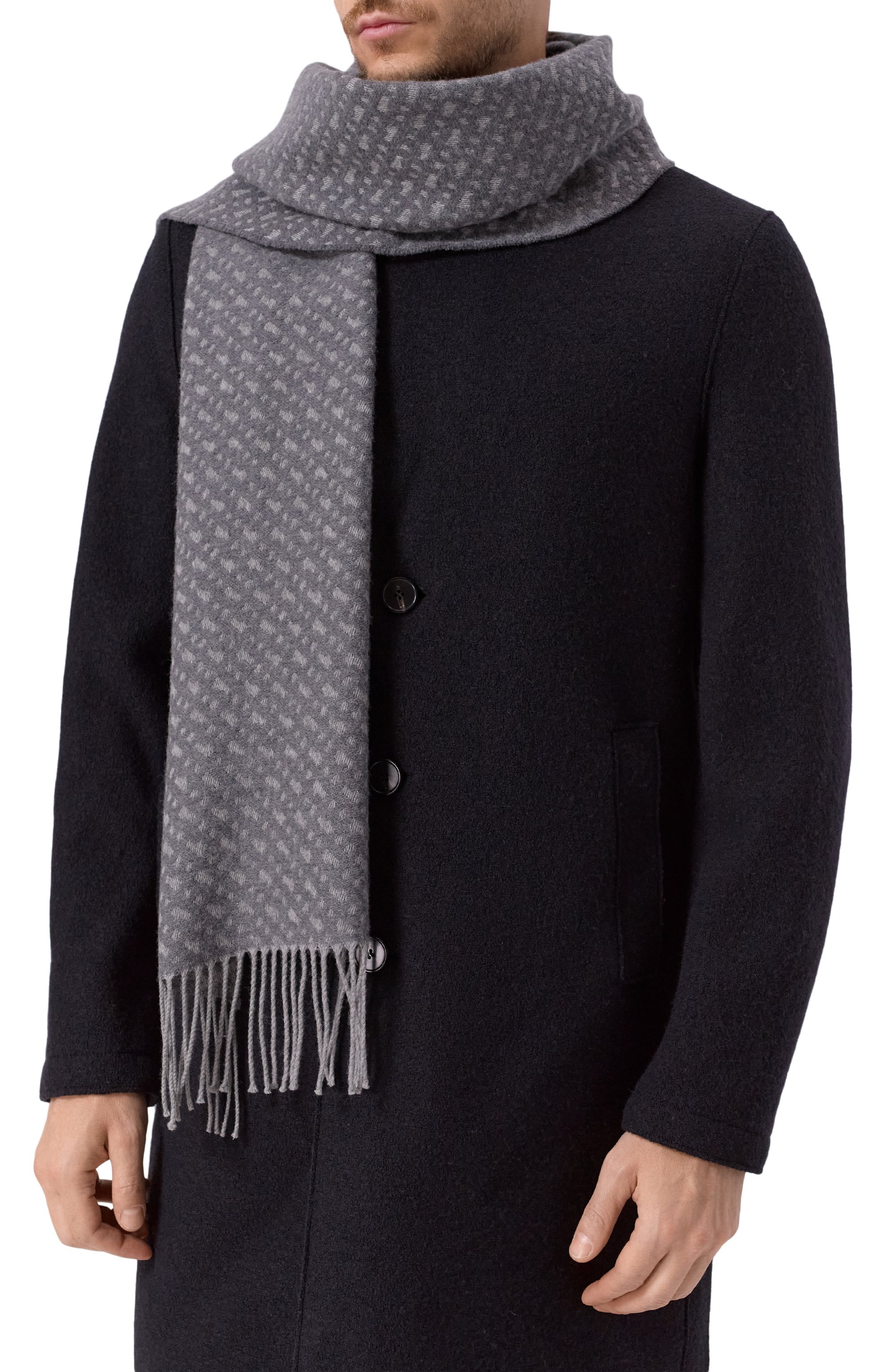 Шерстяной шарф BOSS серого цвета по цене 13600 руб., арт. 50549851, фото 2 Шерстяной шарф BOSS, арт. 50549851, фото 2