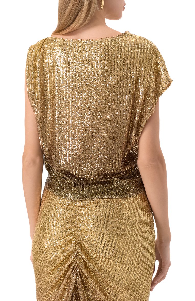 Женский топ с отделкой пайетками IN THE MOOD FOR LOVE золотого цвета, арт. RS2501500013 | Фото 4 (Материал сплава: Проставлено; Драгоценные камни: Проставлено; Длина (для топов): Стандартные; Стили: Гламурный; Кросс-КТ: костюм; Рукава: Без рукавов; Материал внешний: Синтетический материал)