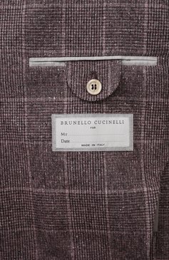 Мужской пиджак из шелка и шерсти BRUNELLO CUCINELLI сиреневого цвета, арт. MY4667BND | Фото 8 (Драгоценные камни: Проставлено; Рукава: Длинные; Материал внешний: Шелк, Шерсть; Длина (для топов): Стандартные; Материал сплава: Проставлено; 1-2-бортные: Однобортные; Пиджаки М: Приталенный; Стили: Ретро; Случай: Повседневный)