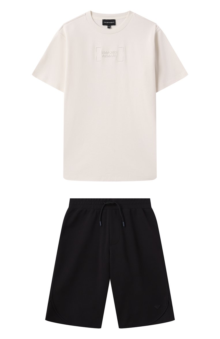 Детского комплект из футболки и шорт EMPORIO ARMANI черно-белого цвета, арт. EB000169/AF13218 | Фото 1 (Рукава: Короткие; Мальчики Кросс-КТ: Костюмы-спорт; Материал внешний: Синтетический материал; Автоматизация состава: Проставлено; Автоматизация ТО: Проставлено; Ростовка одежда: 6 лет | 116 см, 7 лет | 122 см, 8 лет | 128 см, 10 - 11 лет | 140 - 146см, 13 - 15 лет | 158 см, 16 лет | 164 см, 4 года | 104 см, 5 лет | 110 см)