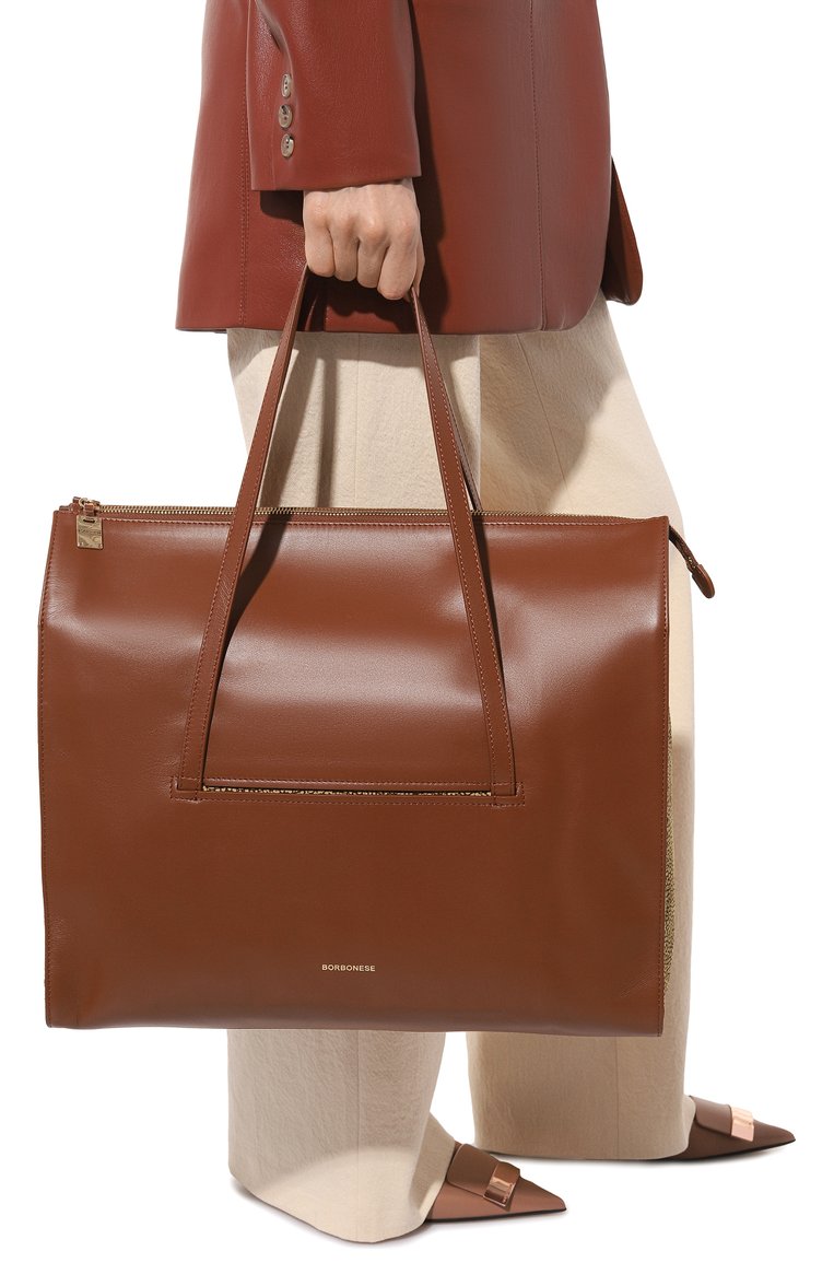 Женский сумка-шопер livre BORBONESE коричневого цвета, арт. 923351 | Фото 2 (Материал: Натуральная кожа, Текстиль; Материал сплава: Проставлено; Драгоценные камни: Проставлено; Размер: large)