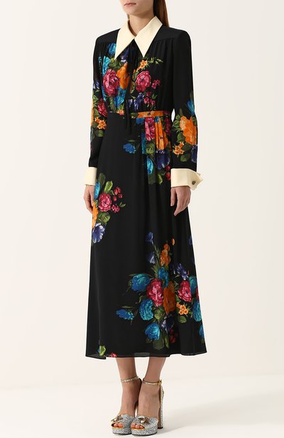 Шелковое приталенное платье-миди с цветочным принтом GUCCI, арт. 485291/ZJQ32, фото 3