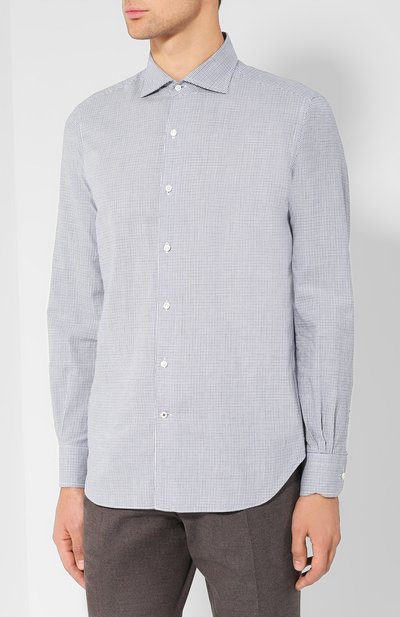 Хлопковая рубашка с воротником акула LORO PIANA синего цвета по цене 52800 руб., арт. FAI2445, фото 3 Хлопковая рубашка с воротником акула LORO PIANA, арт. FAI2445, фото 3