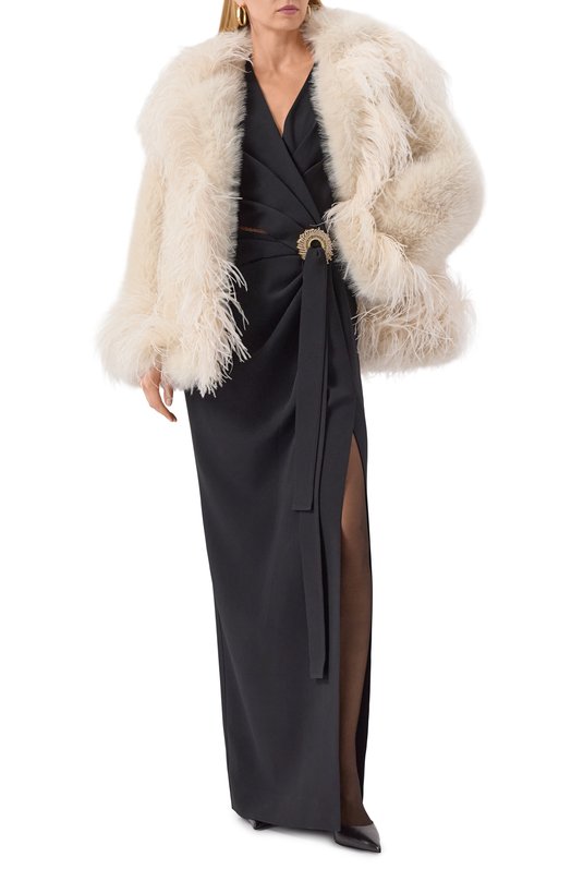 Шуба с отделкой перьями Elie Saab J0148AP25/FR001 Бежевый  J0148AP25/FR001 Фото 2