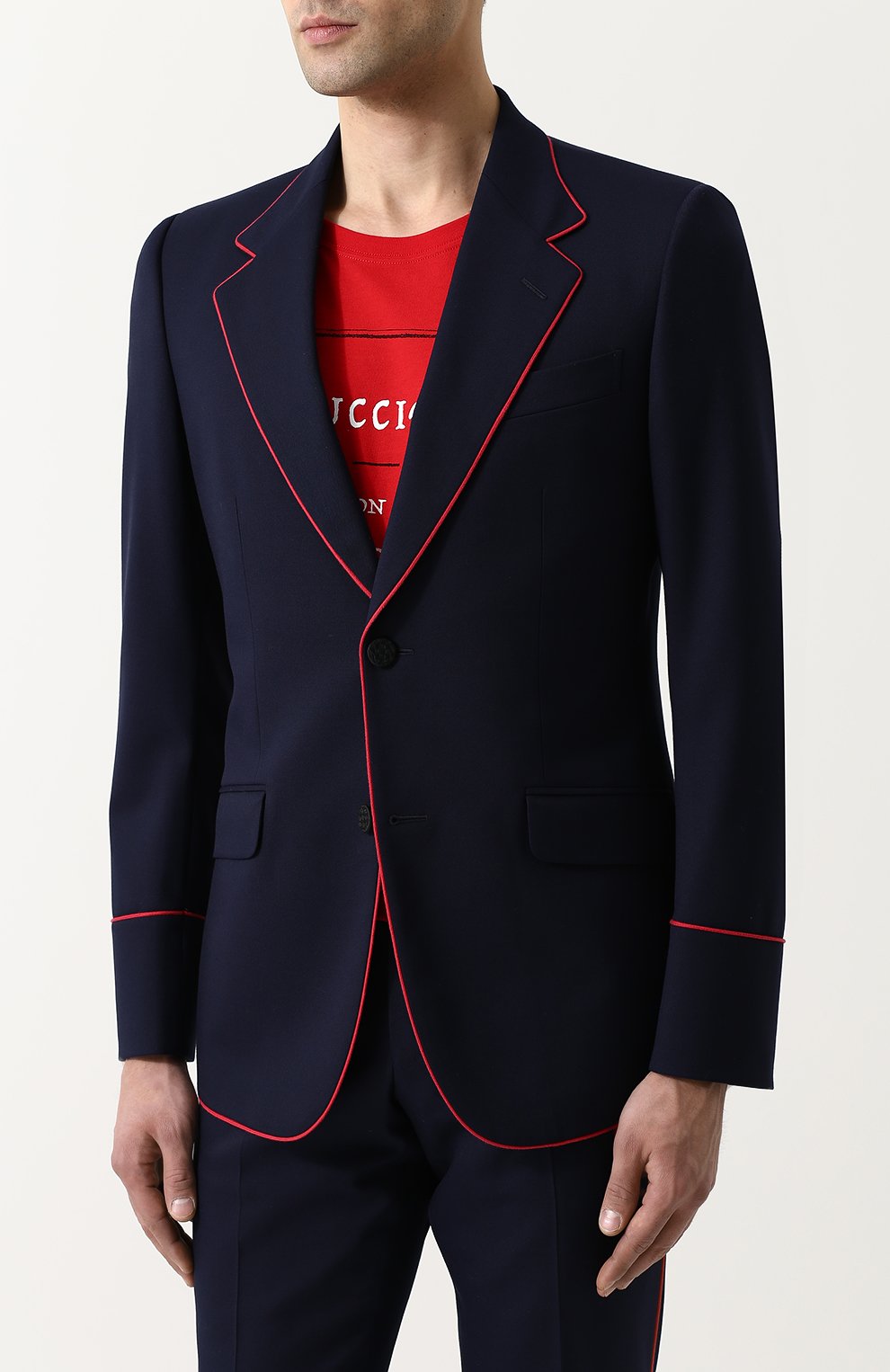 Шерстяной костюм с пиджаком на двух пуговицах GUCCI синего цвета по цене 285120 руб., арт. 451145/Z4967, фото 2 Шерстяной костюм с пиджаком на двух пуговицах GUCCI, арт. 451145/Z4967, фото 2