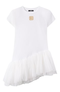 Детское хлопковое платье BALMAIN белого цвета, арт. BW1B91 | Фото 1 (Материал сплава: Проставлено; Материал подклада: Хлопок; Рукава: Короткие; Драгоценные камни: Проставлено; Случай: Повседневный; Девочки Кросс-КТ: Платье-одежда; Материал внешний: Хлопок; Ростовка одежда: 6 лет | 116 см, 8 лет | 128 см, 10 - 11 лет | 140 - 146см, 12 лет | 152 см, 13 - 15 лет | 158 см)