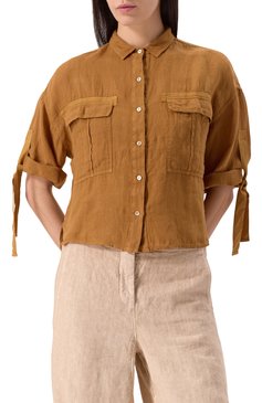 Женская льняная рубашка 120% LINO коричневого цвета, арт. 32ALIW19S5/0000115 | Фото 3 (Материал внешний: Лен; Длина (для топов): Стандартные; Женское Кросс-КТ: Рубашка-одежда; Принт: Без принта; Стили: Кэжуэл; Рукава: Короткие)