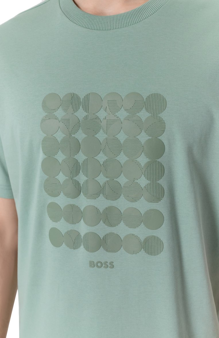 Мужская хлопковая футболка BOSS GREEN светло-зеленого цвета, арт. 50537845 | Фото 5 (Длина (для топов): Стандартные; Автоматизация ТО: Проставлено; Материал внешний: Хлопок; Автоматизация состава: Проставлено; Рукава: Короткие; Мужское Кросс-КТ: Футболка-одежда; Принт: С принтом; Стили: Спорт-шик)
