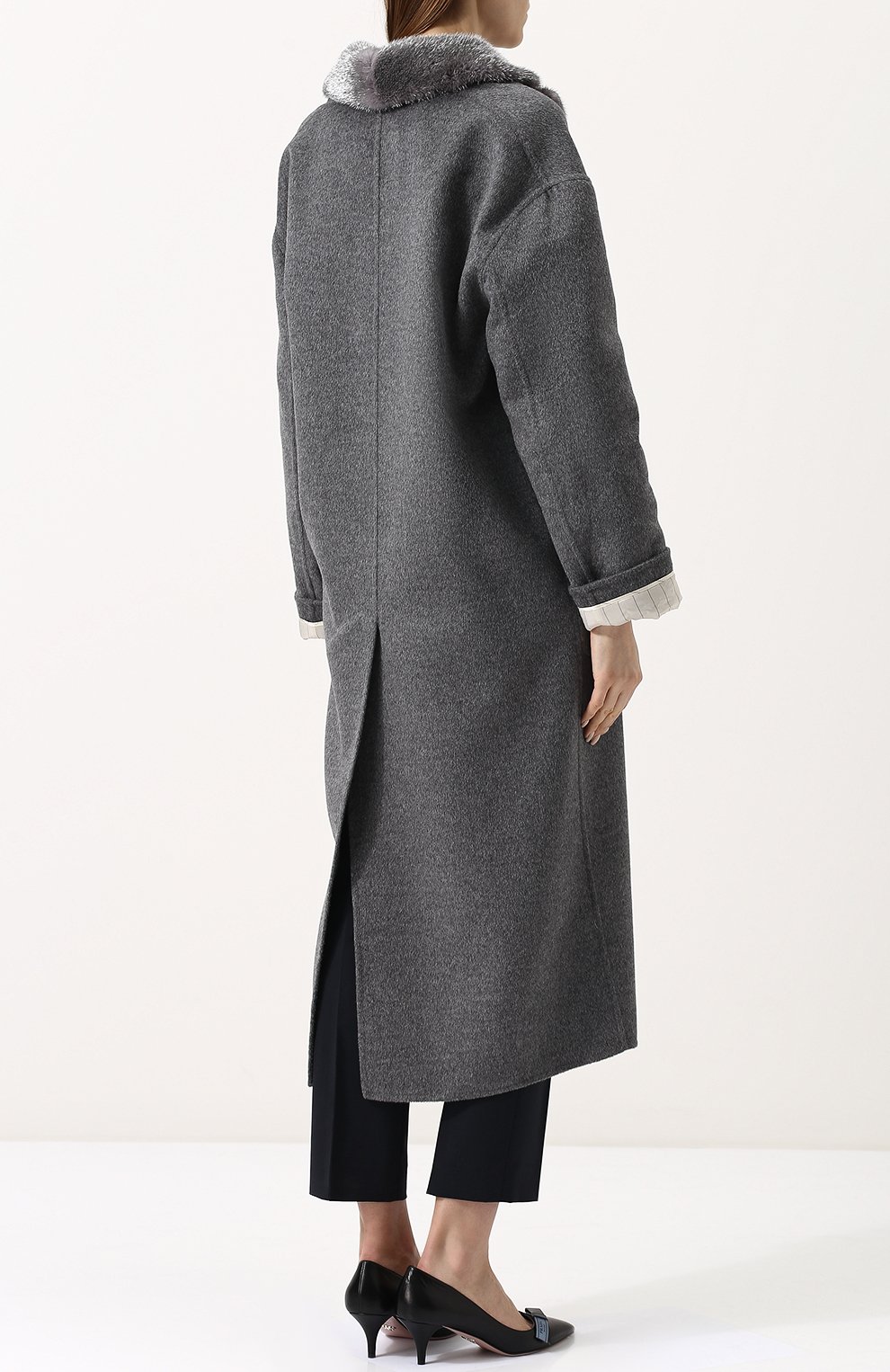 Двубортное пальто свободного кроя с меховой отделкой PRADA, арт. P600HP-1P80-F0535, фото 4