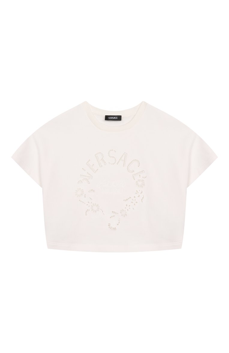 Детский укороченный свитшот VERSACE молочного цвета, арт. 1018200/1A13046/8A-14A | Фото 1 (Рукава: Короткие; Материал внешний: Хлопок; Девочки Кросс-КТ: Свитшот-одежда; Автоматизация состава: Проставлено; Автоматизация ТО: Проставлено; Ростовка одежда: 6 лет | 116 см, 8 лет | 128 см, 10 - 11 лет | 140 - 146см, 12 лет | 152 см, 16 лет | 164 см)