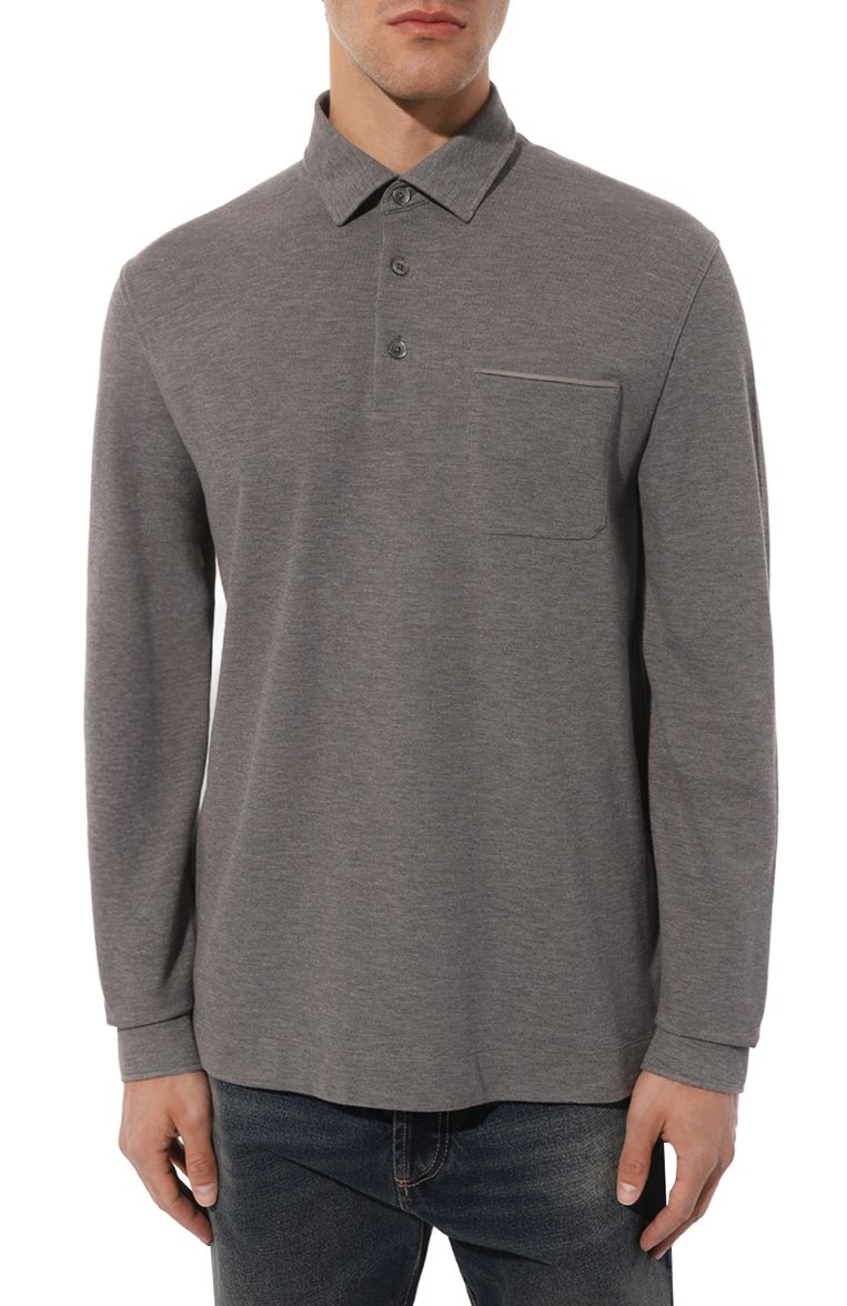 Мужское хлопковое поло ZEGNA серого цвета, арт. UD392A7/D757 | Фото 3 (Длина (для топов): Стандартные; Рукава: Длинные; Материал внешний: Хлопок; Застежка: Пуговицы; Стили: Кэжуэл; Принт: Без принта; Мужское Кросс-КТ: Футболка-одежда)
