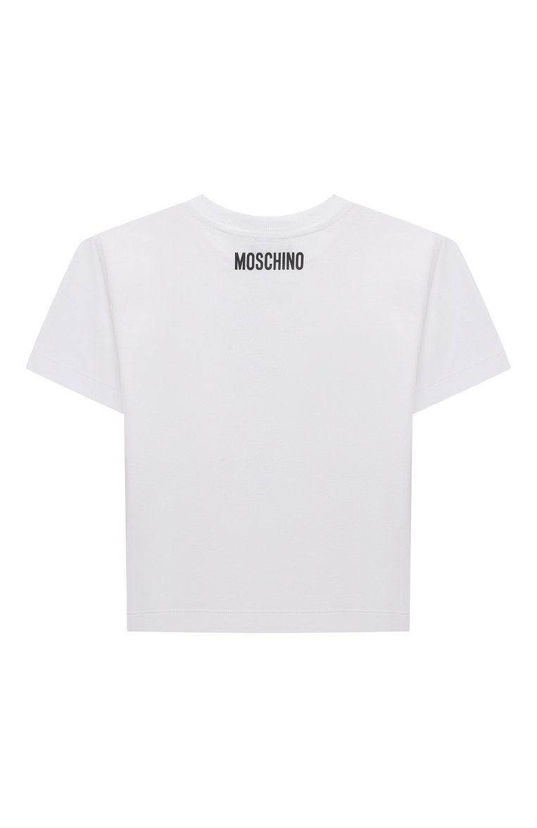 Детская хлопковая футболка MOSCHINO белого цвета, арт. HEM060/LAA02/4-8 | Фото 2 (Девочки Кросс-КТ: футболка-одежда; Рукава: Короткие; Материал сплава: Проставлено; Материал внешний: Хлопок; Драгоценные камни: Проставлено; Ростовка одежда: 5 лет | 110 см, 8 лет | 128 см, 4 года | 104 см, 6 лет | 116 см)