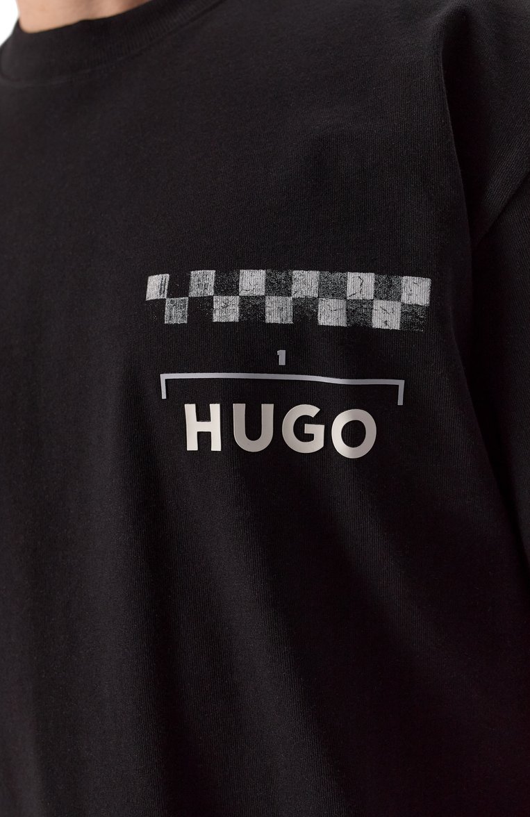 Мужская хлопковая футболка HUGO черного цвета, арт. 50531758 | Фото 5 (Материал внешний: Хлопок; Рукава: Короткие; Длина (для топов): Стандартные; Стили: Кэжуэл; Принт: С принтом; Мужское Кросс-КТ: Футболка-одежда; Кросс-КТ: Джерси)