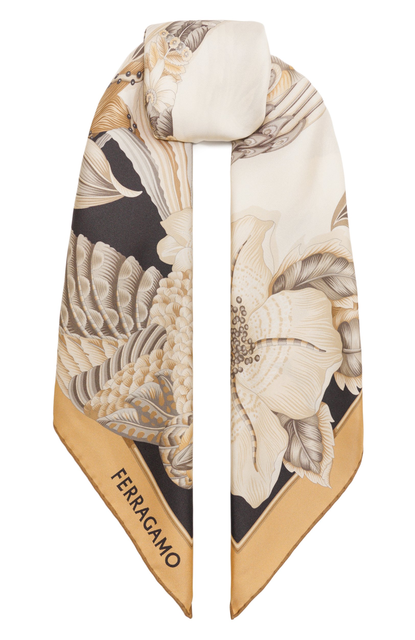 Шелковый платок FERRAGAMO бежевого цвета по цене 73900 руб., арт. 310243/795118, фото 1 Шелковый платок FERRAGAMO, арт. 310243/795118, фото 1
