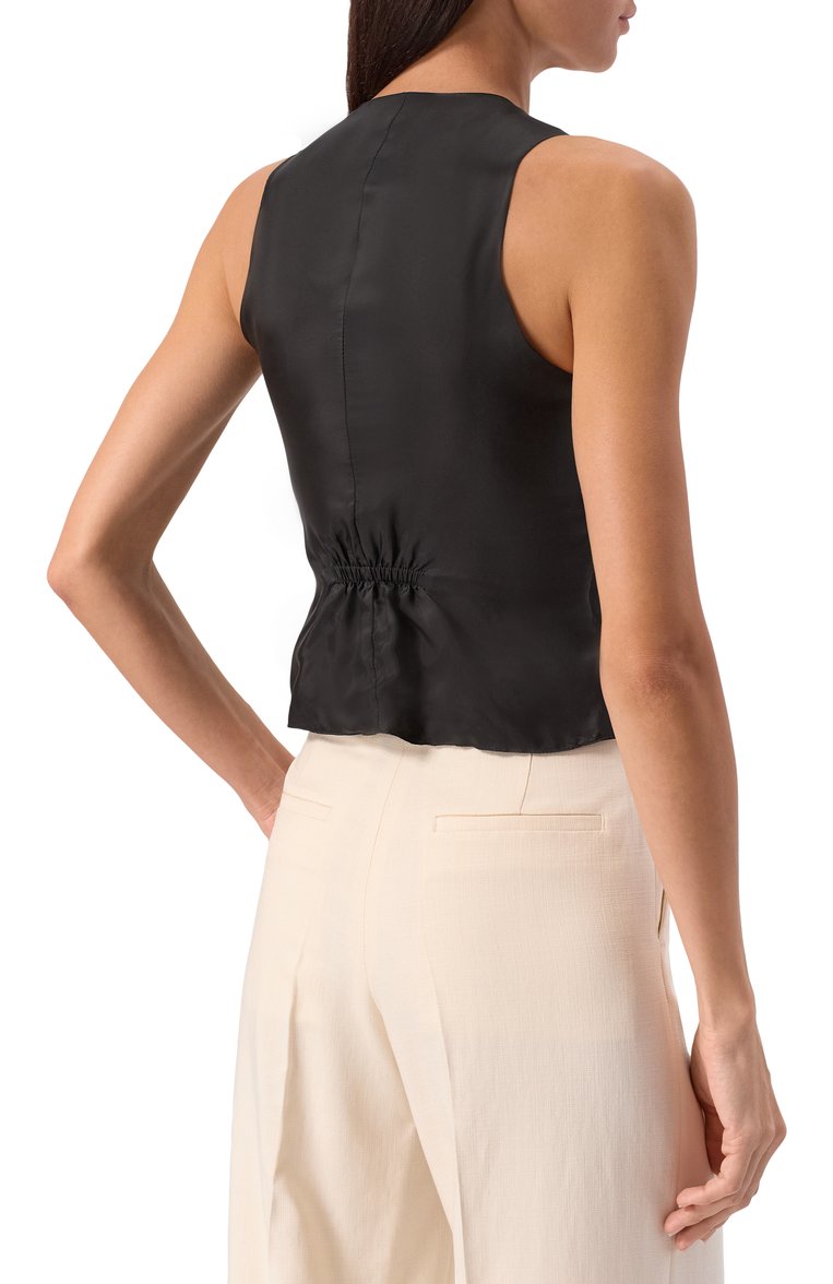 Женский льняной жилет TAGLIATORE 0205 черного цвета, арт. GISELLE/340021 | Фото 4 (Длина (верхняя одежда): Короткие; Материал внешний: Лен; Женское Кросс-КТ: Жилет-одежда; Стили: Классический)