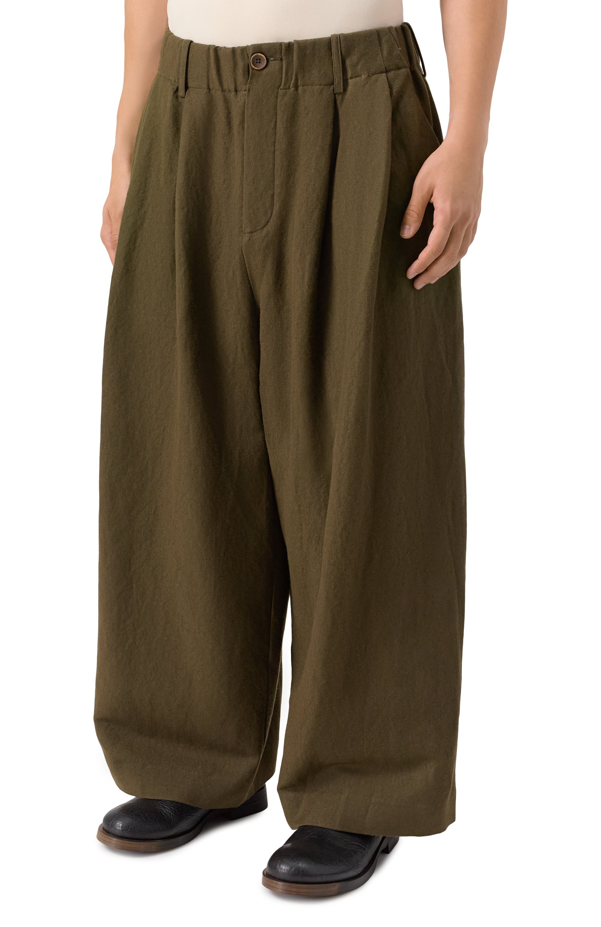 Брюки изо льна и шерсти UMA WANG хаки цвета по цене 129500 руб., арт. UM3523, фото 3 Брюки изо льна и шерсти UMA WANG, арт. UM3523, фото 3