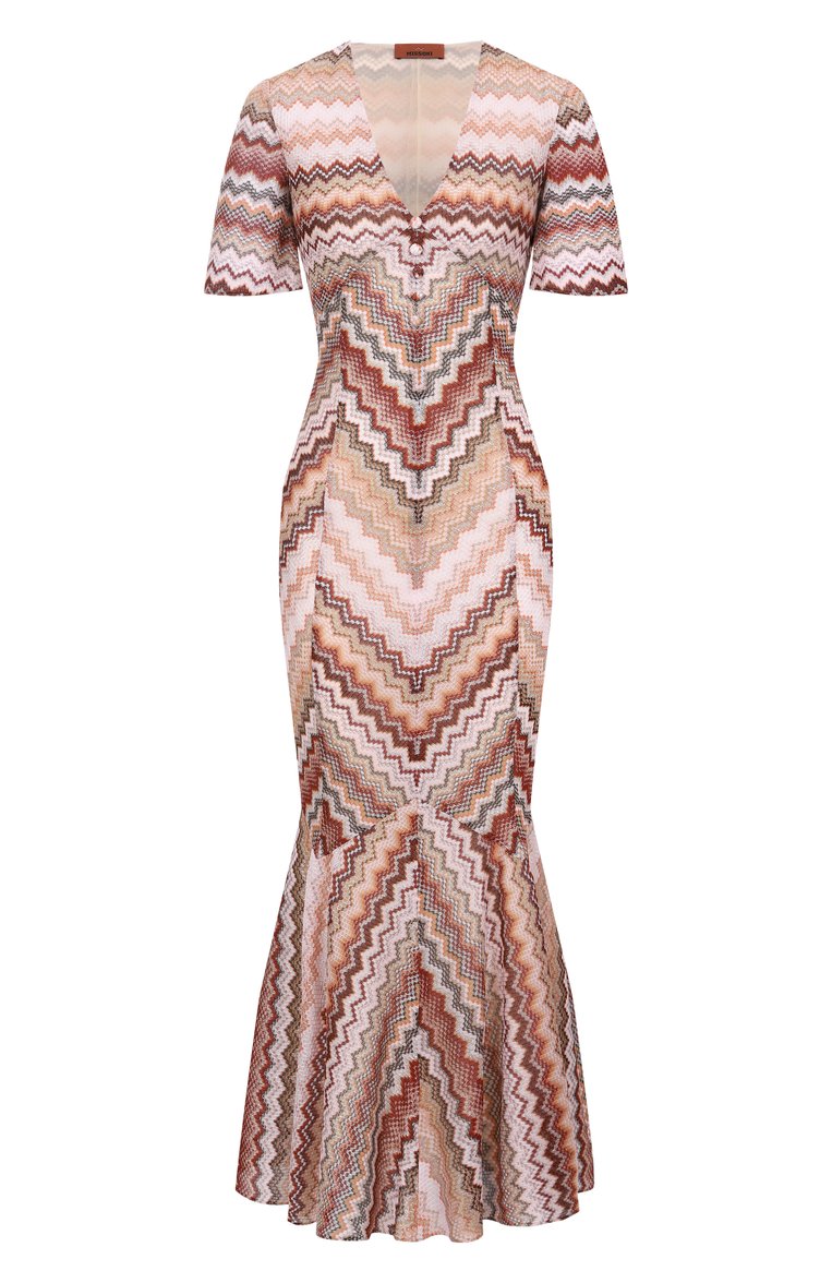 Женское платье из вискозы MISSONI бежевого цвета, арт. DS25SG1J/BR00ZV | Фото 1 (Длина Ж (юбки, платья, шорты): Миди; Материал внешний: Вискоза; Рукава: Короткие; Женское Кросс-КТ: Платье-одежда; Стили: Этно; Кросс-КТ: Трикотаж; Случай: Повседневный; Материал подклада: Синтетический материал)