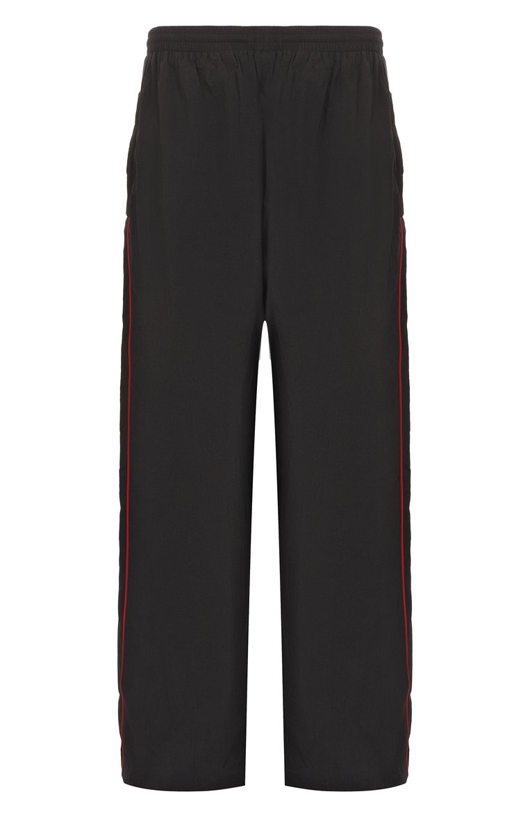 Мужские брюки BALENCIAGA черного цвета, арт. 814573/TR032 | Фото 1 (Длина (брюки, джинсы): Стандартные; Материал внешний: Синтетический материал; Случай: Повседневный; Стили: Кэжуэл; Автоматизация ТО: Проставлено; Автоматизация состава: Проставлено)