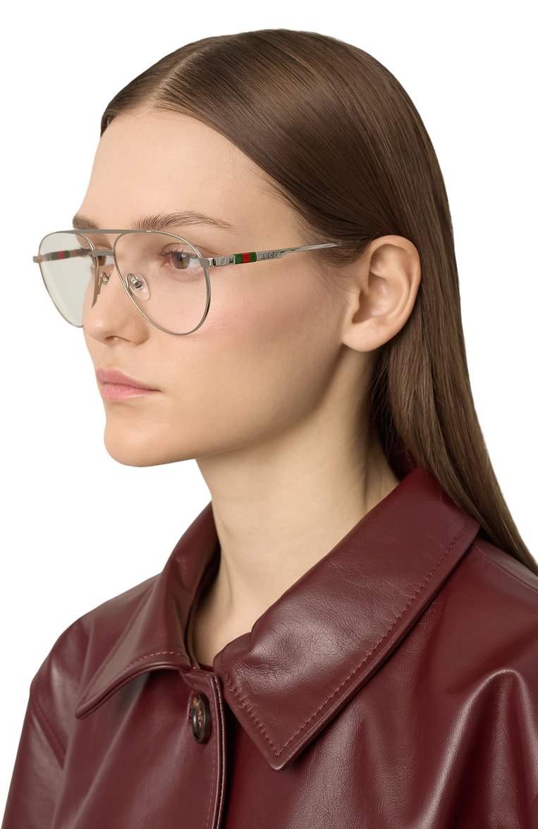 Женские оправа GUCCI серебряного цвета, арт. GG1679 001 | Фото 2 (Нос: Не проставлено; Региональные ограничения белый список (Axapta Mercury): Не проставлено; Тип очков: Оправа; Материал: Металл; Оптика Гендер: оптика-женское; Очки форма: Авиаторы)