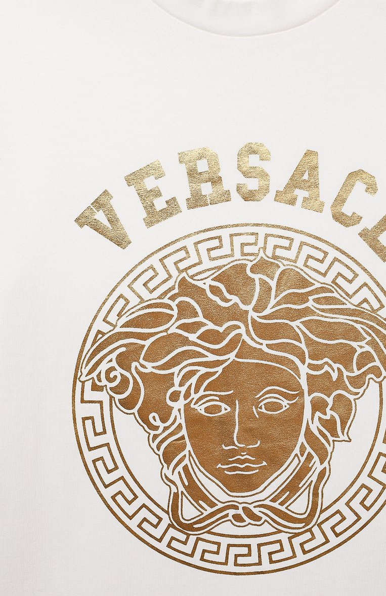 Детская хлопковая футболка VERSACE белого цвета, арт. 1000239/1A08399/4A-6A | Фото 3 (Материал сплава: Проставлено; Рукава: Короткие; Материал внешний: Хлопок; Драгоценные камни: Проставлено; Девочк�и Кросс-КТ: футболка-одежда)