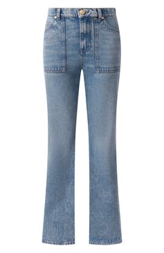 Женские джинсы BALMAIN голубого цвета, арт. EF1MJ115/DF24 | Фото 1 (Драгоценные камни: Проставлено; Длина (брюки, джинсы): Удлиненные; Материал сплава: Проставлено; Кросс-КТ: Деним; Материал внешний: Деним, Хлопок; Детали: Делаве; Стили: Кэжуэл; Силуэт Ж (брюк�и и джинсы): Расклешенные)