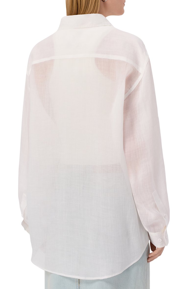 Женская рубашка JACOB COHEN белого цвета, арт. 25E P/JDM_C0073 001 T765A RW | Фото 4 (Автоматизация ТО: Проставлено; Рукава: Длинные; Автоматизация состава: Проставлено; Длина (для топов): Удлиненные; Женское Кросс-КТ: Рубашка-одежда; Принт: Без принта; Стили: Классический; Материал внешний: Лен)