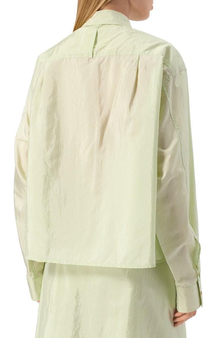 Женская рубашка JIL SANDER светло-зеленого цвета, арт. J40DL0165/J70003 | Фото 4 (Материал внешний: Шелк, Синтетический материал; Рукава: Длинные; Длина (для топов): Стандартные; Женское Кросс-КТ: Рубашка-одежда; Кросс-КТ: костюм; Принт: Без принта; Стили: Минимализм)