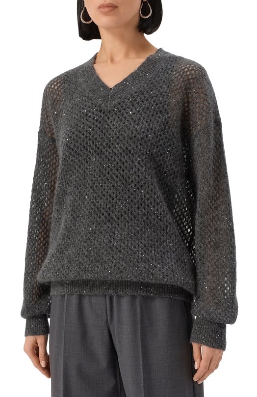 Пуловер из шерсти и хлопка Brunello Cucinelli MPS732412P Серый  MPS732412P Фото 3