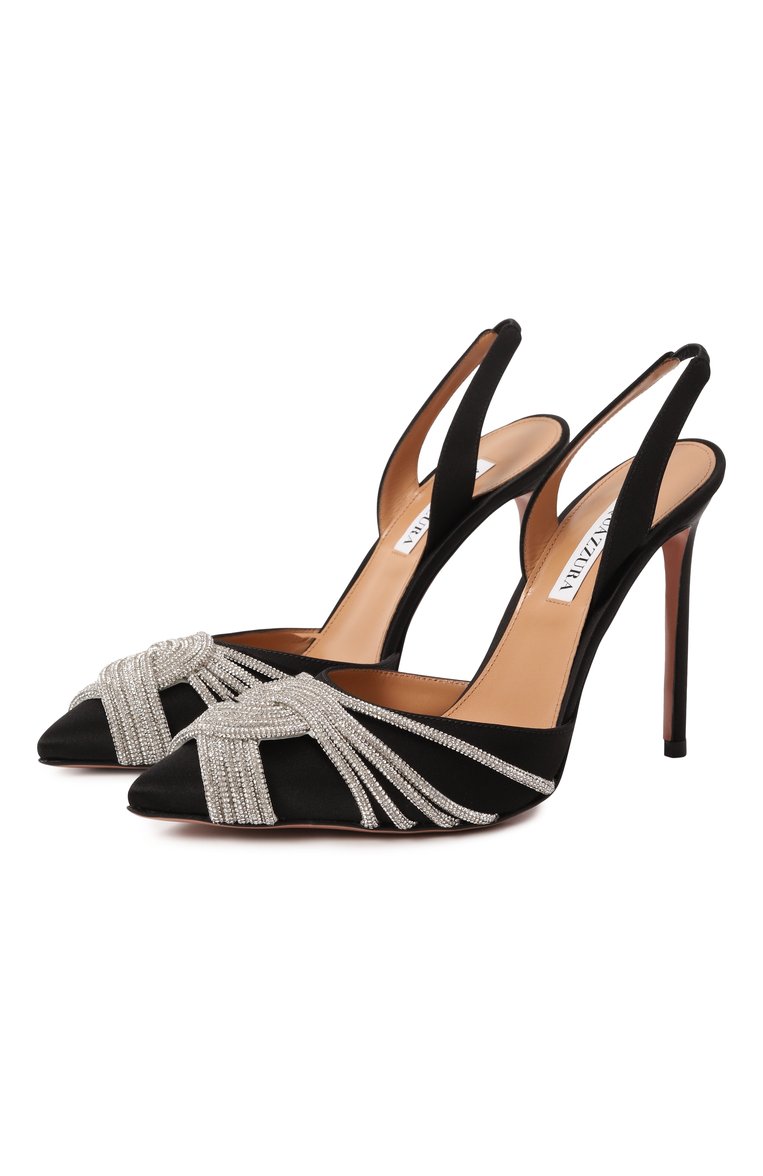 Женские текстильные туфли gatsby 105 AQUAZZURA черного цвета, арт. GASHIGL0/SAT | Фото 1 (Каблук высота: Высокий; Драгоценные камни: Проставлено; Подошва: Плоская; Материал внутренний: Натуральная кожа; Материал сплава: Проставлено; Материал внешний: Текстиль; Женское Кросс-КТ: Слингбэки; Каблук тип: Шпилька)