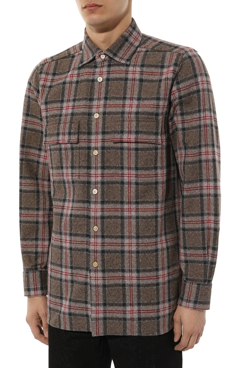 Мужская хлопковая рубашка KITON коричневого цвета, арт. UCRRLH0861305 | Фото 3 (Драгоценные камни: Проставлено; Длина (для топов): Стандартные; Рукава: Длинные; Материал сплава: Проставлено; Материал внешний: Хлопок; Принт: Клетка; Манжеты: На пуговицах; Случай: Повседневный; Воротник: Кент; Стили: Кэжуэл)