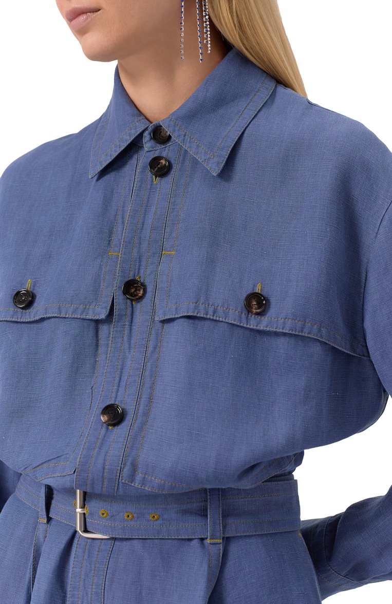 Женское платье из вискозы и льна BOTTEGA VENETA синего цвета, арт. 808563/V4CX0 | Фото 5 (Рукава: Длинные; Материал внешний: Лен, Вискоза; Длина Ж (юбки, платья, шорты): Миди; Случай: Повседневный; Стили: Кэжуэл; Женское Кросс-КТ: Платье-одежда; Автоматизация ТО: Проставлено; Автоматизация состава: Проставлено)