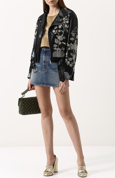 Кожаная куртка с косой молнией и контрастной вышивкой GUCCI, арт. 502642/XG556, фото 2