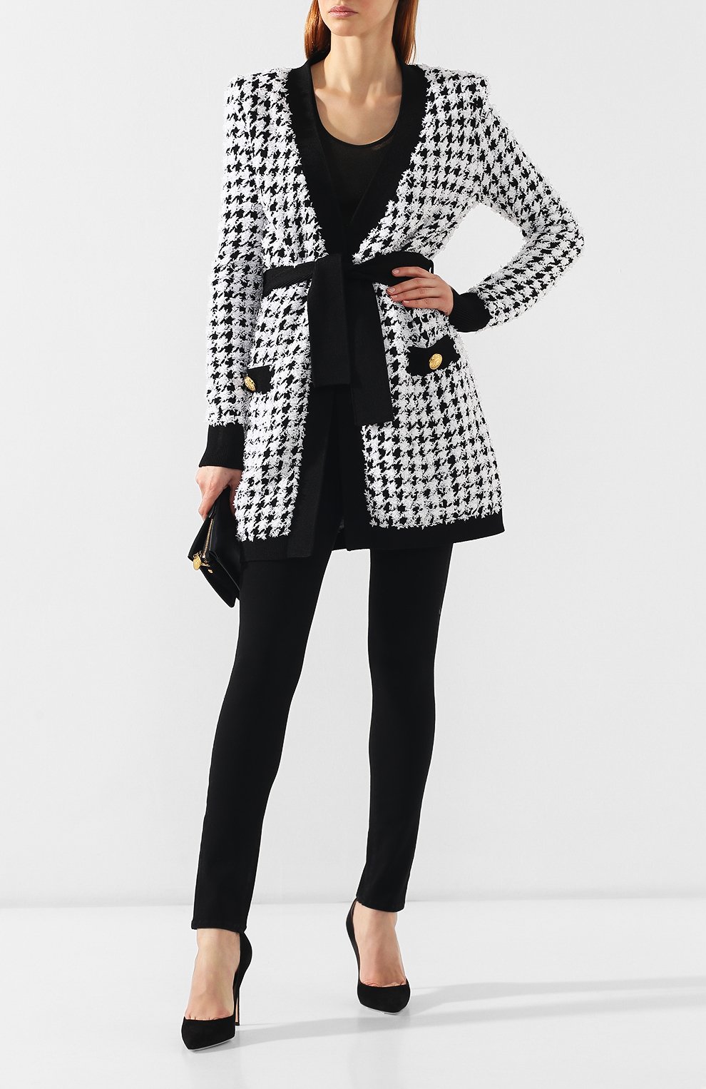 Кардиган с поясом BALMAIN черно-белого цвета по цене 358000 руб., арт. RF13448/K258, фото 2 Кардиган с поясом BALMAIN, арт. RF13448/K258, фото 2