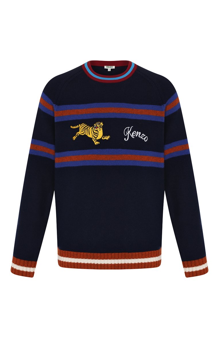 Мужской шерстяной джемпер KENZO темно-синего цвета, арт. F965PU2283DI | Фото 1 (Мужское Кросс-КТ: Джемперы; Материал внешний: Шерсть; Длина (для топов): Стандартные; Рукава: Длинные; Рукава от горловины: Длинные; Статус проверки: Проверено, Проверена категория; Вырез: Круглый; Принт: С принтом; Стили: Кэжуэл)