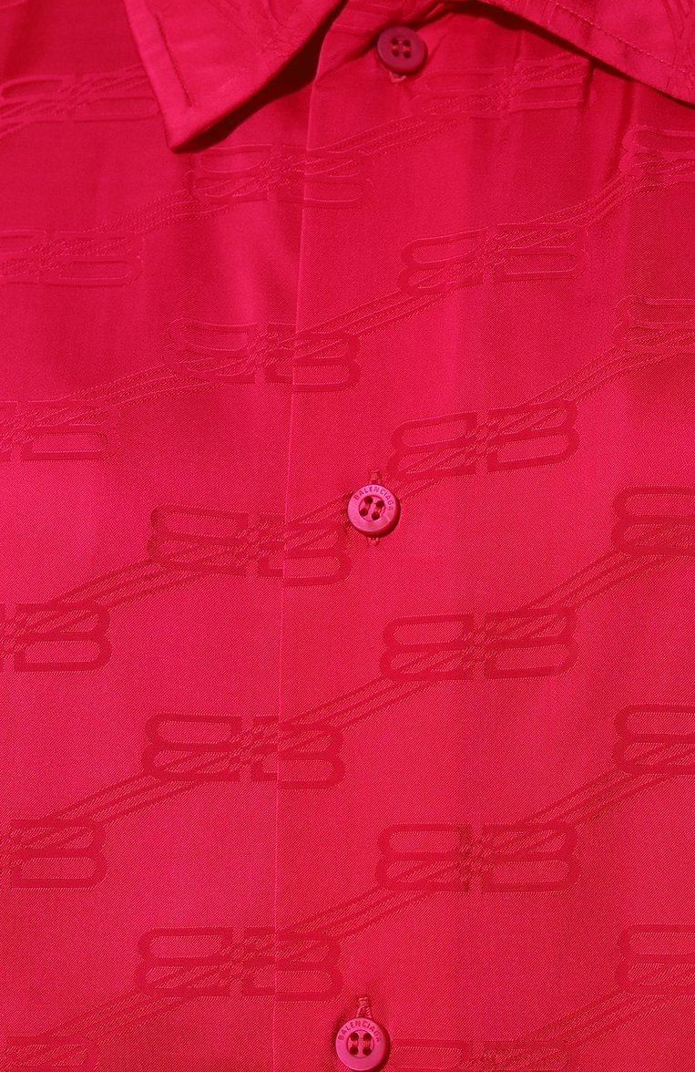 Женская рубашка из вискозы BALENCIAGA фуксия цвета, арт. 681631/TM068 | Фото 5 (Драгоценные камни: Проставлено; Материал внешний: Вискоза; Материал сплава: Проставлено; Рукава: Длинные; Длина (для топов): Удлиненные; Принт: С принтом; Кросс-КТ: костюм; Женское Кросс-КТ: Рубашка-одежда; Стили: Кэжуэл)
