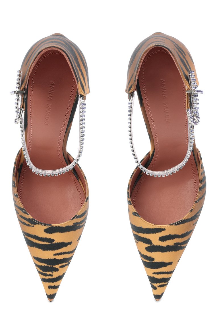 Женские текстильные туфли ursina AMINA MUADDI коричневого цвета, арт. URSINA PUMP/PRINT SATIN/TIGER+TANZANITE CRYSTALS | Фото 6 (Материал внешний: Текстиль; Каблук высота: Высокий; Материал внутренний: Натуральная кожа; Материал сплава: Проставлено; Каблук тип: Шпилька; Подошва: Плоская; Драгоценные камни: Проставлено)