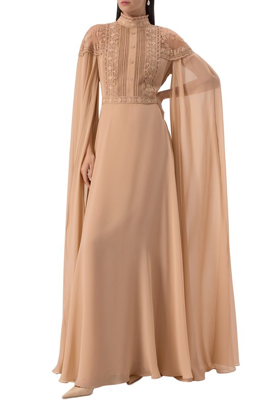 Платье из шелка и хлопка Elie Saab D0617NS25/SIL01 Бежевый  D0617NS25/SIL01 Фото 2
